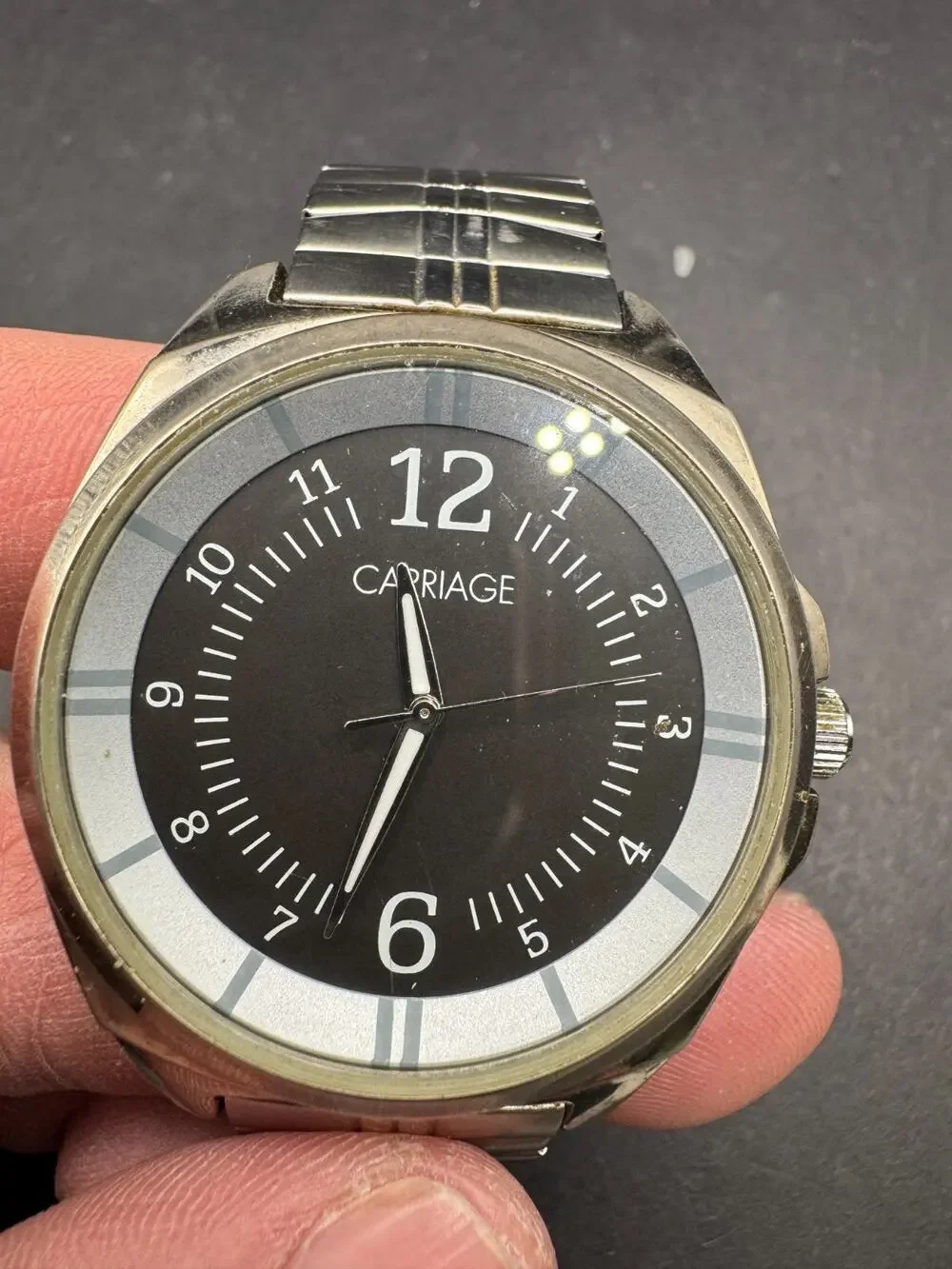 Vintage Carriage by Timex Wristwatch Black Dial Silver Tone Stretch Band 40mm
